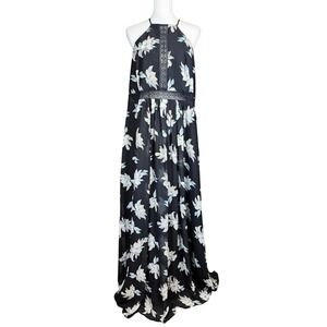DB Studio Black Floral Halter Maxi Dress Lace Detail Womens 20 Wedding Party